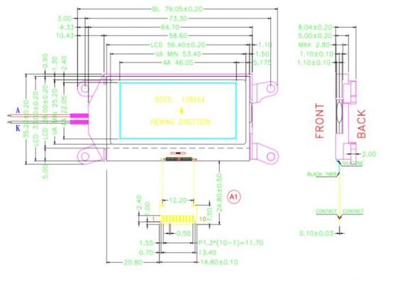 128x64 LCD Display with Yellow Green Mode ST7567 Driver IC and SPI Interface COG Graphic LCD Module